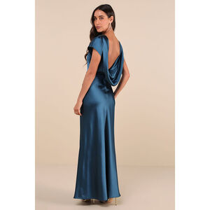 Lulus Captivating Presence Dark Teal Satin Cowl Back Maxi Dress Blue - Size L